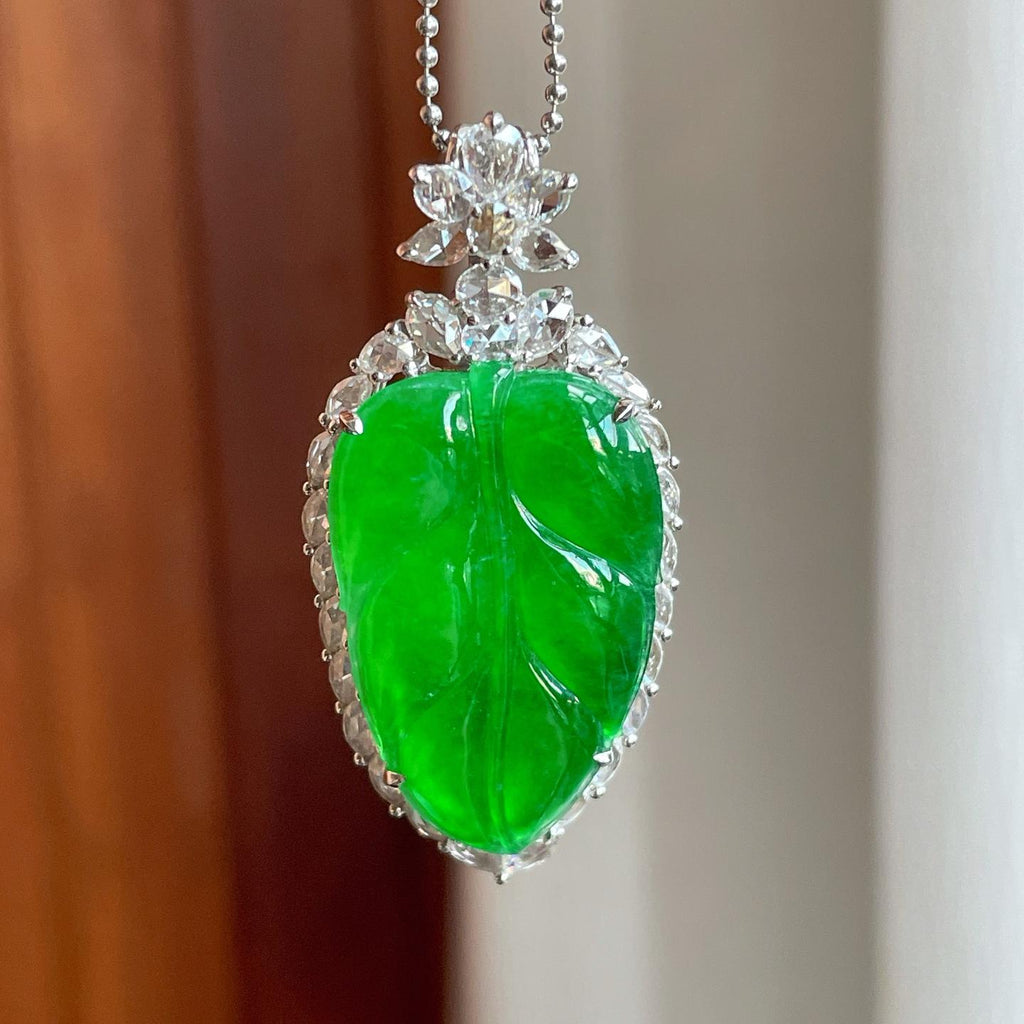 18k金镶冰种满绿翡翠叶子（yc258413）