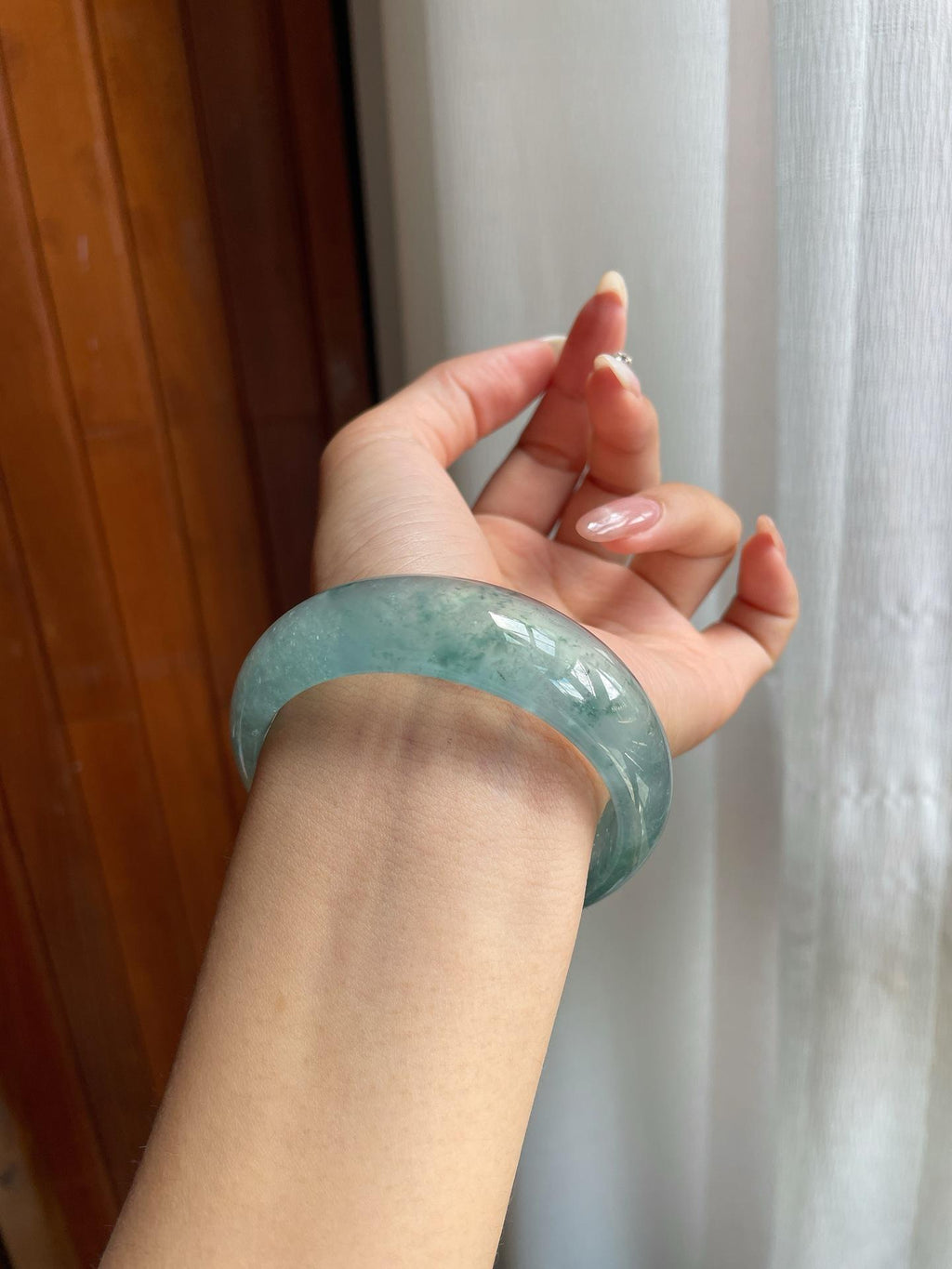 冰玻种飘花翡翠宽版平安镯（57mm）