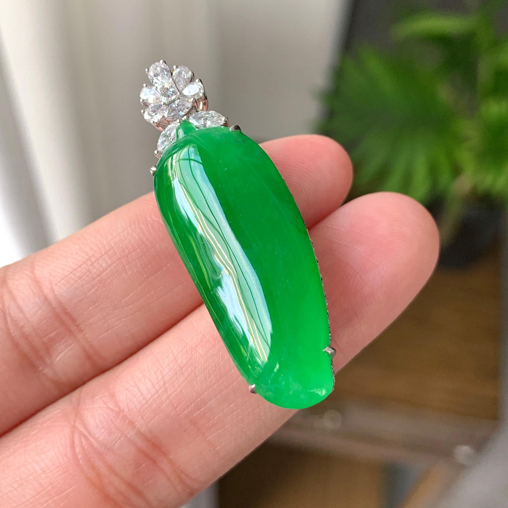 18K金钻镶糯冰种满绿福瓜吊坠（yc242679）