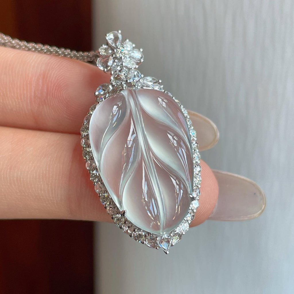 18k金钻镶冰玻种无色翡翠叶子（yc270321）