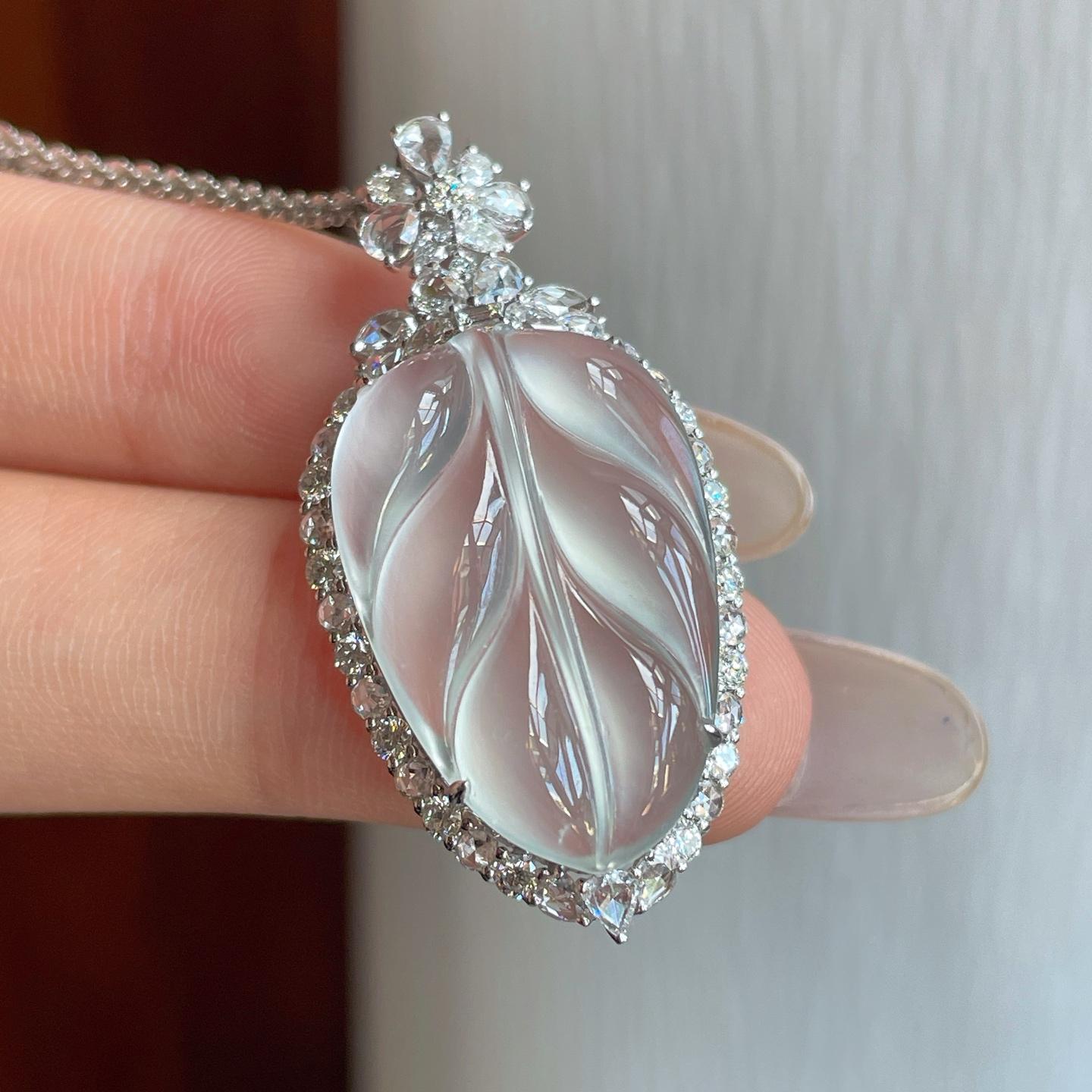 18k金钻镶冰玻种无色翡翠叶子（yc270321）