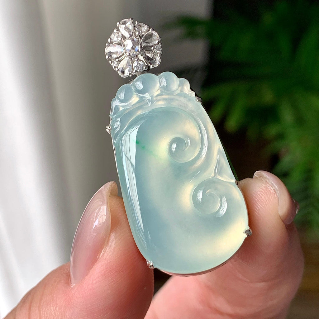 18K金钻镶冰种飘绿花如意吊坠 天然缅甸A货翡翠（yc399284）