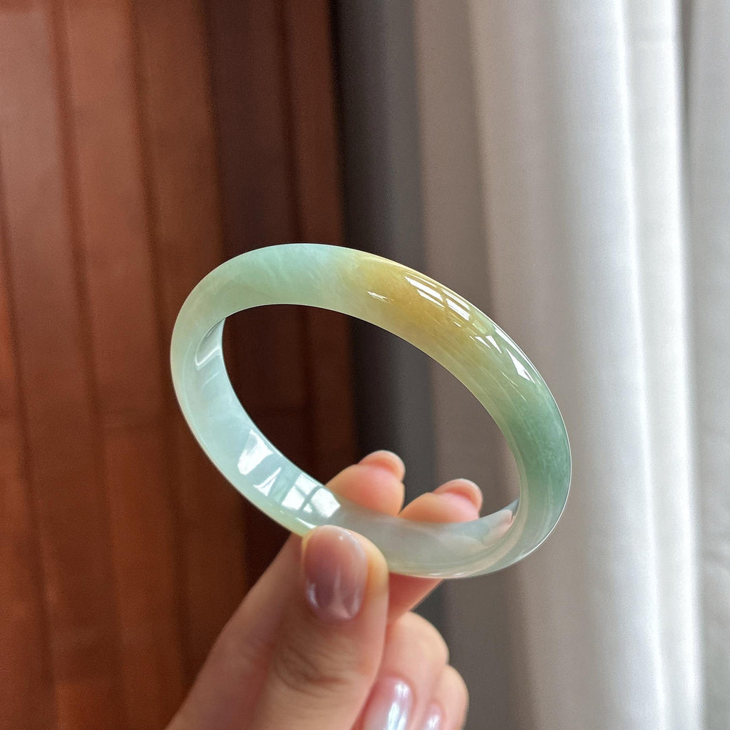 糯冰晴底飘黄特色正圈平安镯 52圈 天然缅甸Ａ货翡翠（yc487571）