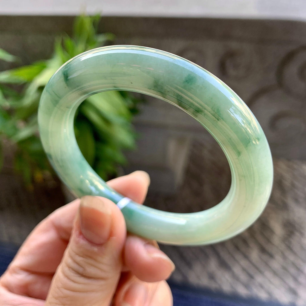 小圈口 细糯种飘绿花圆条手镯51.6圈口 天然缅甸A货翡翠（yc330333）