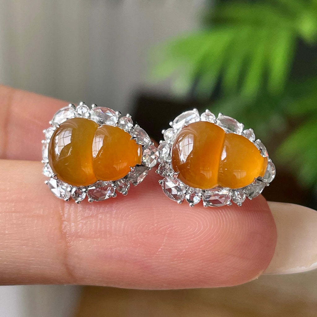 18k金钻镶冰种黄翡葫芦耳钉      天然缅甸A货翡翠（yc415660）