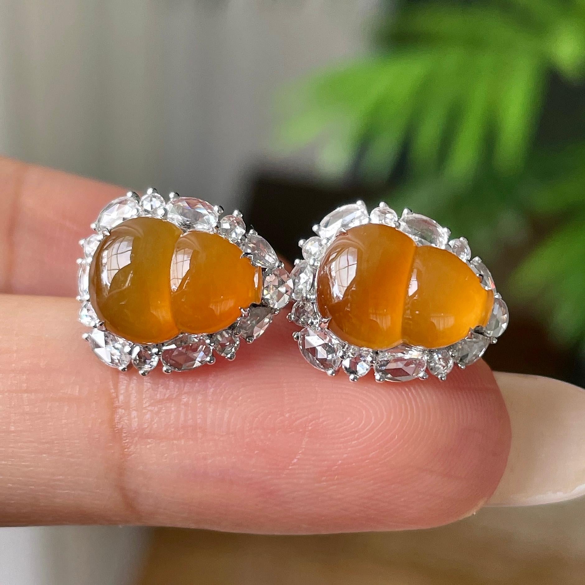 18k金钻镶冰种黄翡葫芦耳钉      天然缅甸A货翡翠（yc415660）