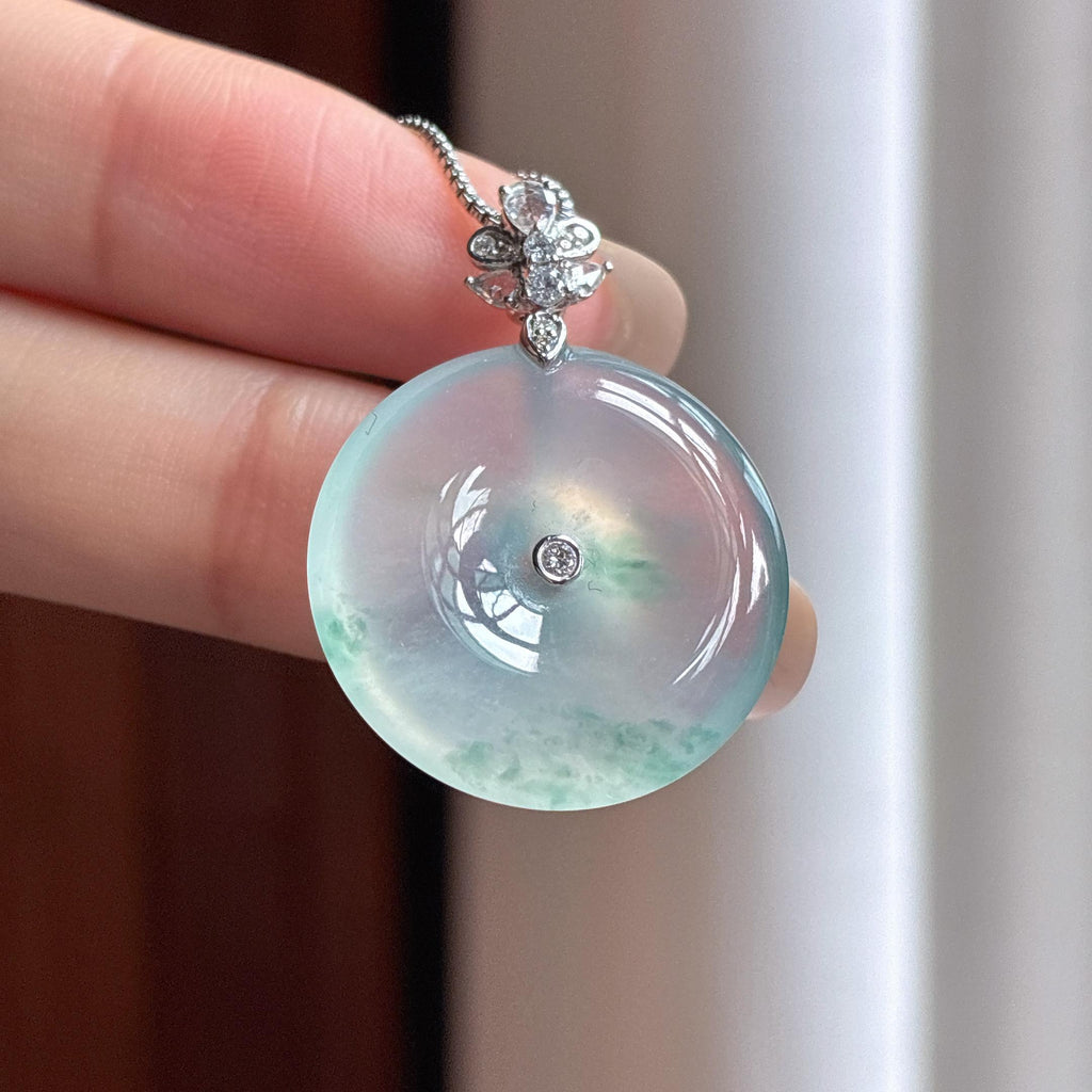 Khuy 18k Vòng Bình An Băng Chủng Phiêu Hoa Ngọc Phỉ Thúy Tự Nhiên Miến Điện Loại A (yc450360)