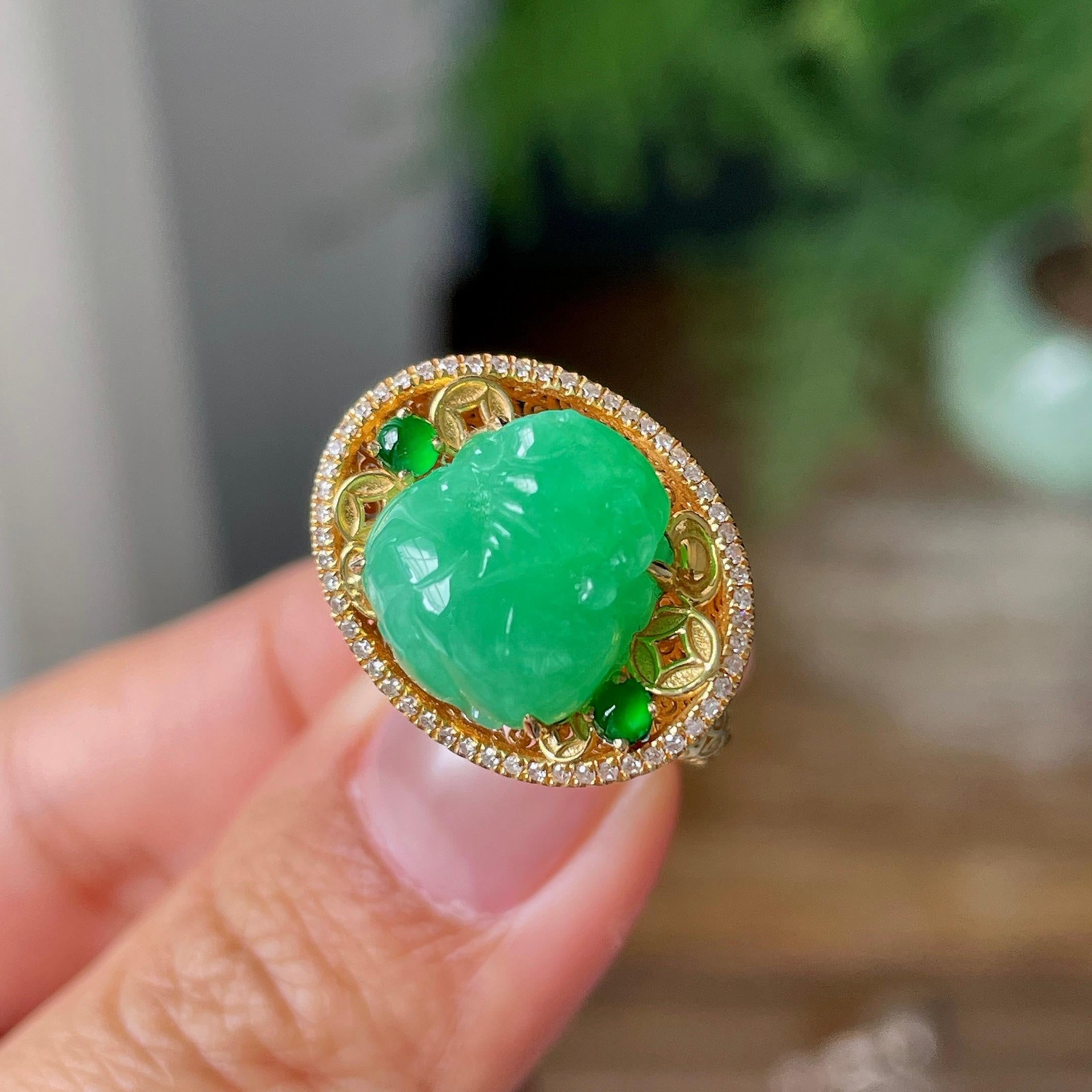 18k金镶细糯种满绿貔貅戒指    天然缅甸A货翡翠（yc362083）