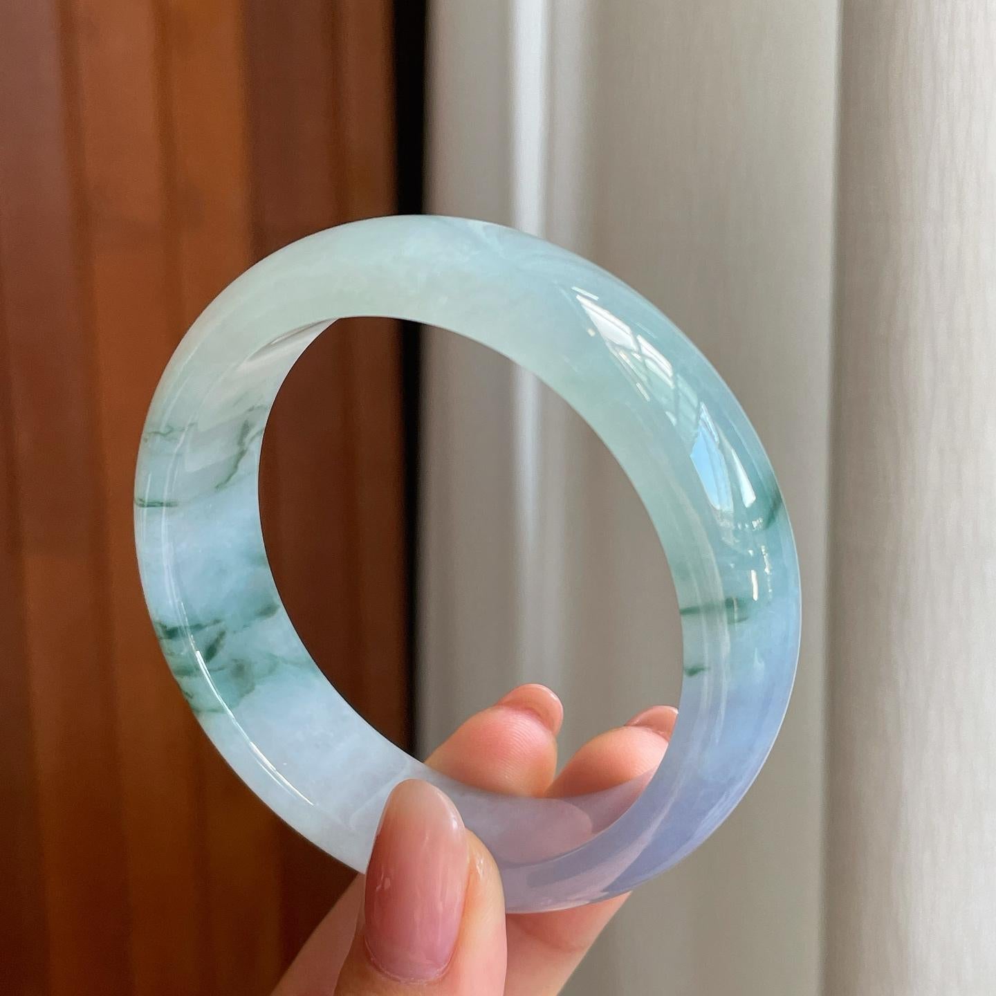 冰种紫罗兰飘花宽版翡翠平安镯（57mm）（yc335314）
