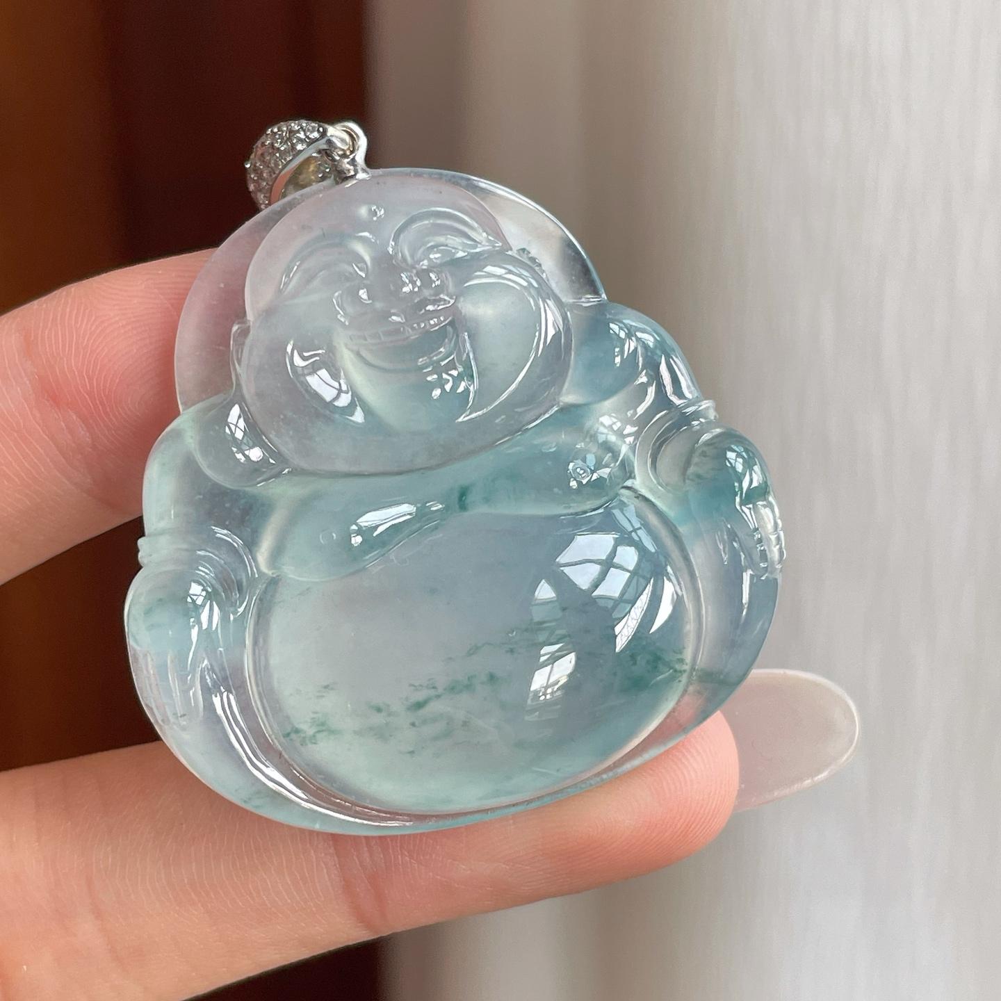 18k金扣冰种飘蓝花翡翠佛公（yc263556）