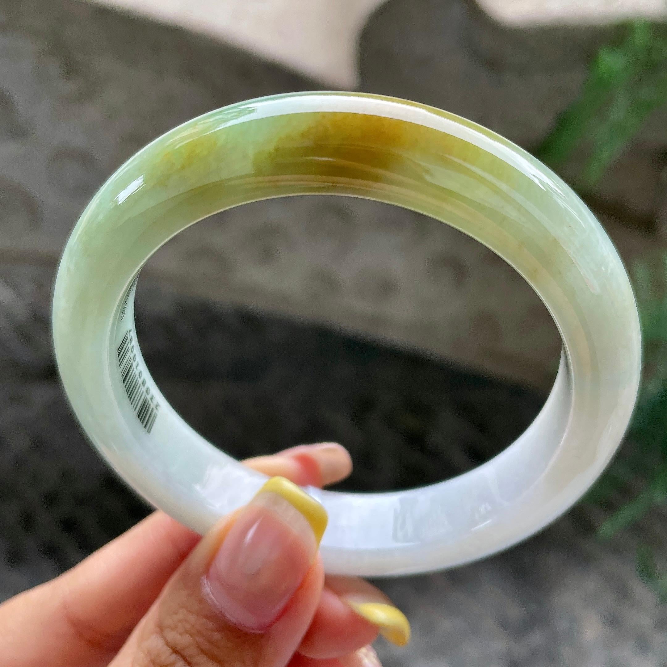 细糯种飘黄翡正圈平安镯57.1圈           天然缅甸A货翡翠（yc392729）