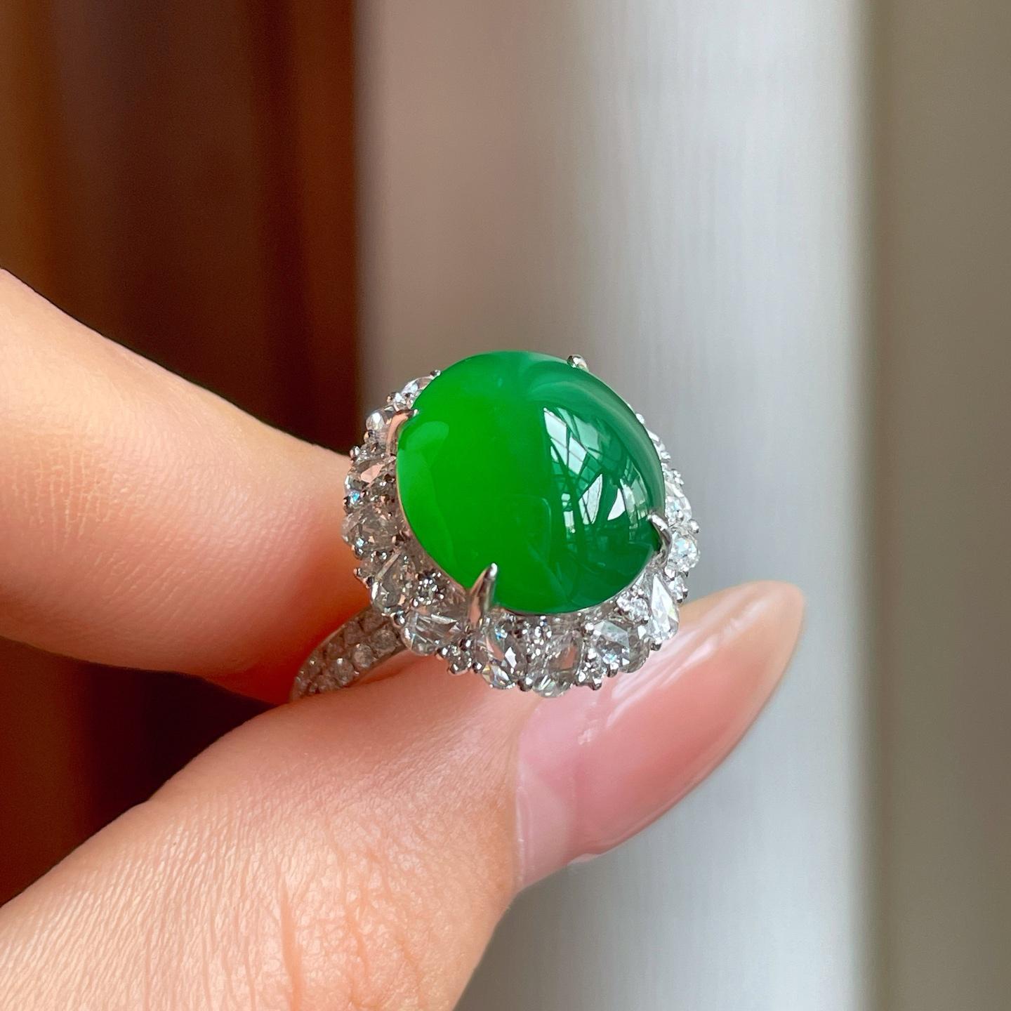 18k金钻镶冰种满绿翡翠戒指（yc350496）