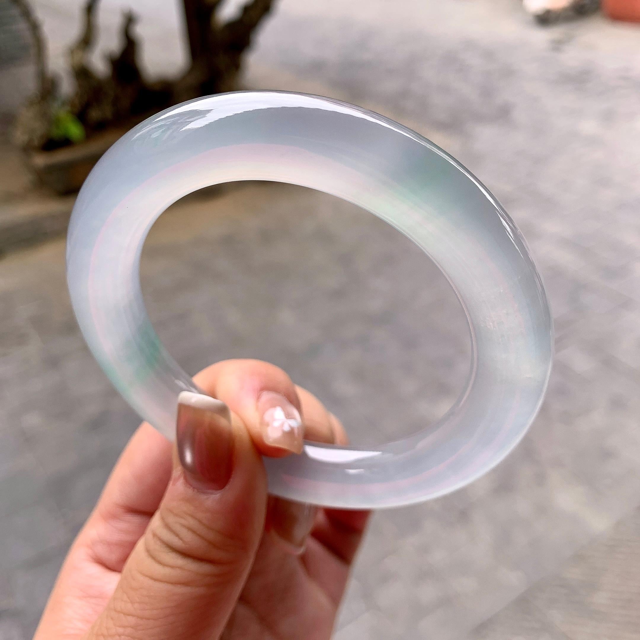大圈口 高冰种飘金丝翠圆条手镯 60.4圈口 天然缅甸A货翡翠（yc378734）