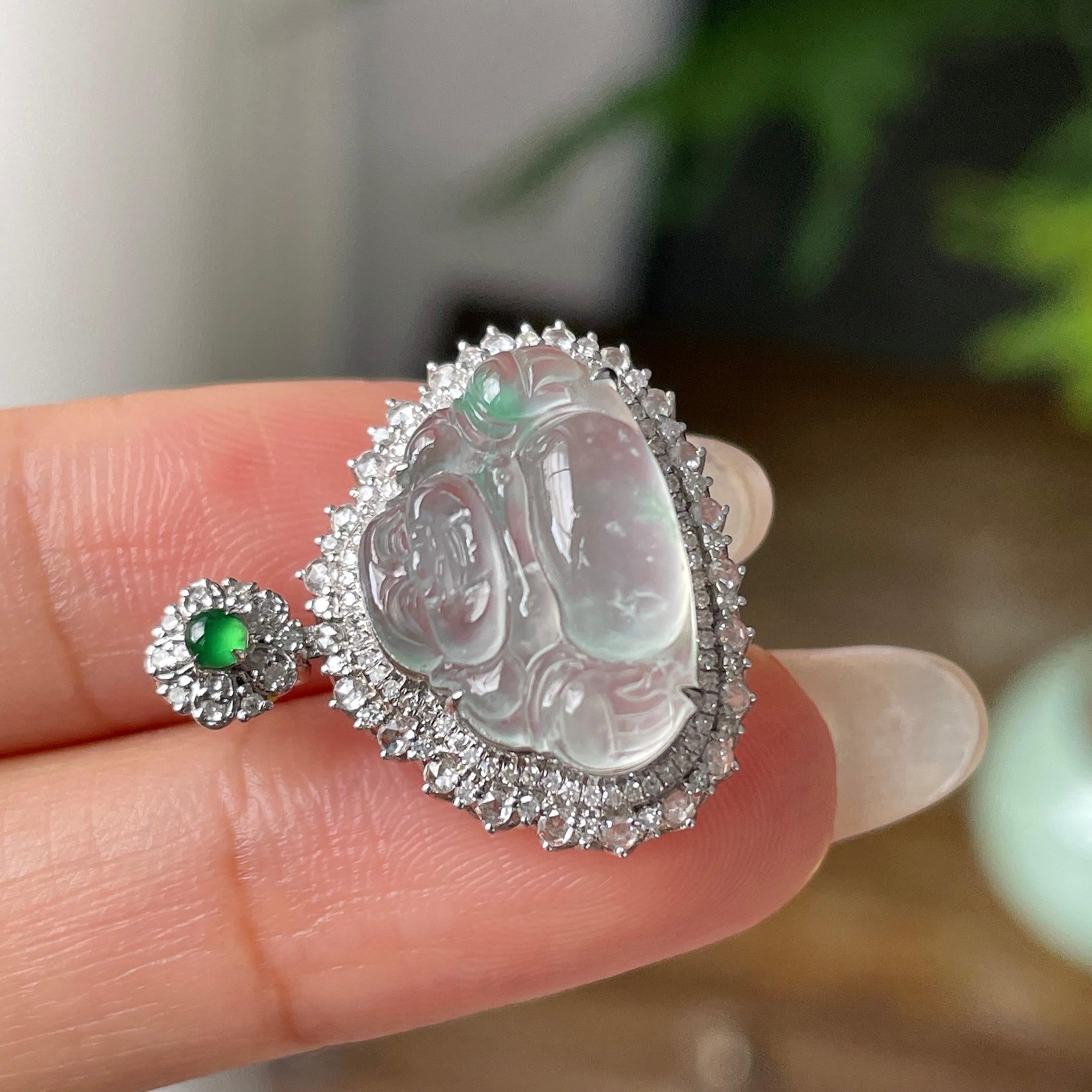 18k金钻镶冰种飘绿花佛公吊坠    天然缅甸A货翡翠（yc350007）