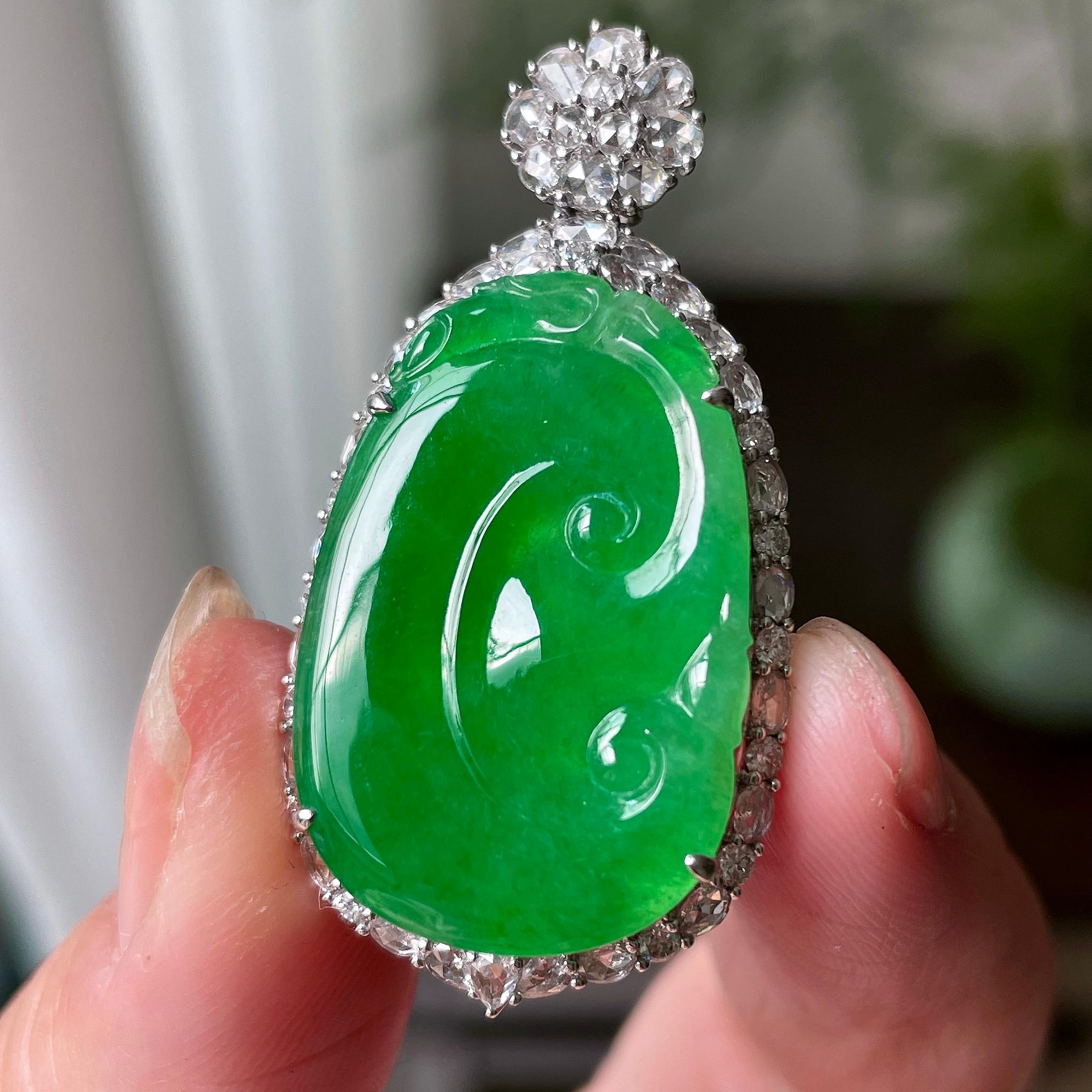 18K金钻镶糯冰种满绿如意吊坠 天然缅甸A货翡翠（yc324445）