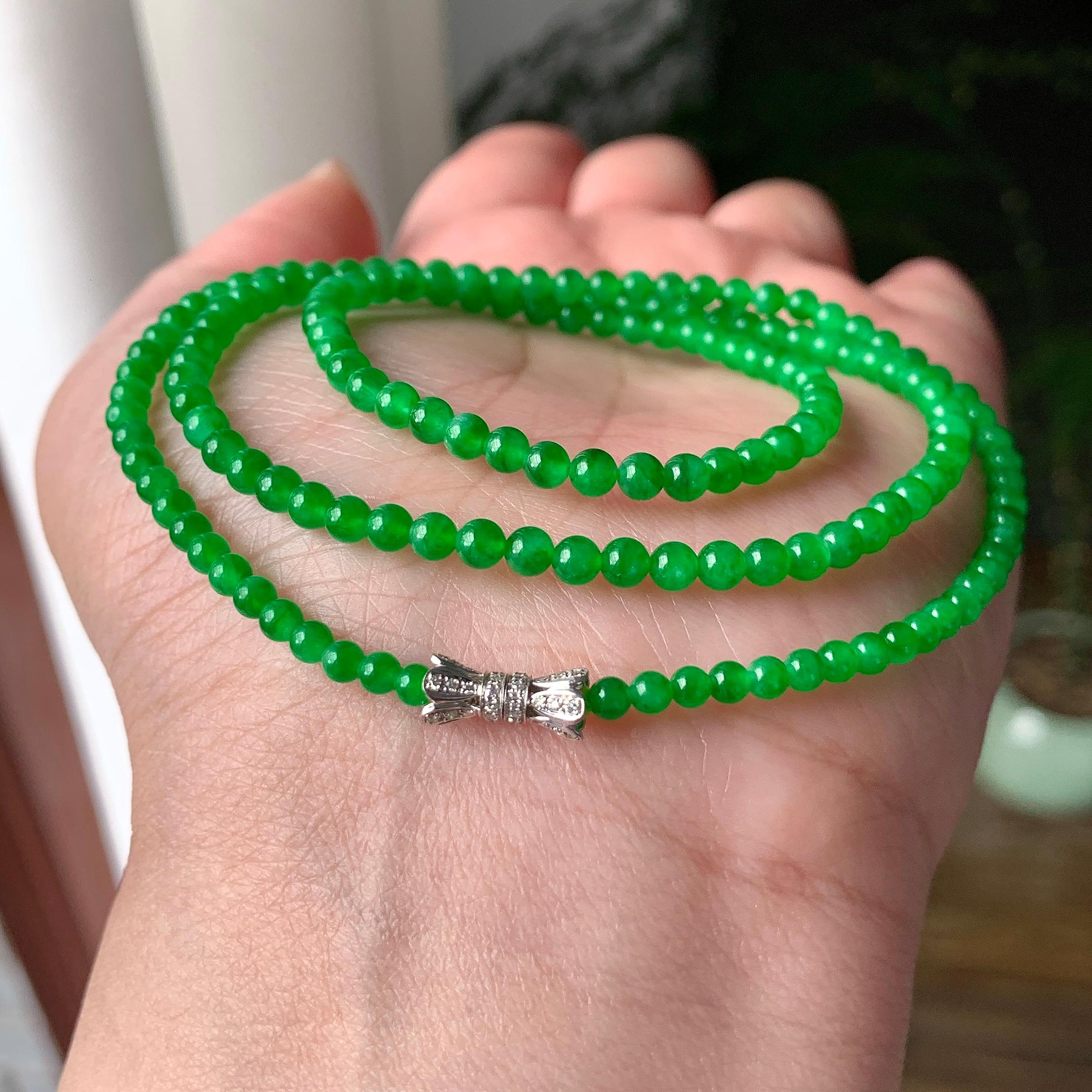 糯冰种阳绿小米珠链（166颗） 天然缅甸A货翡翠（yc355301）