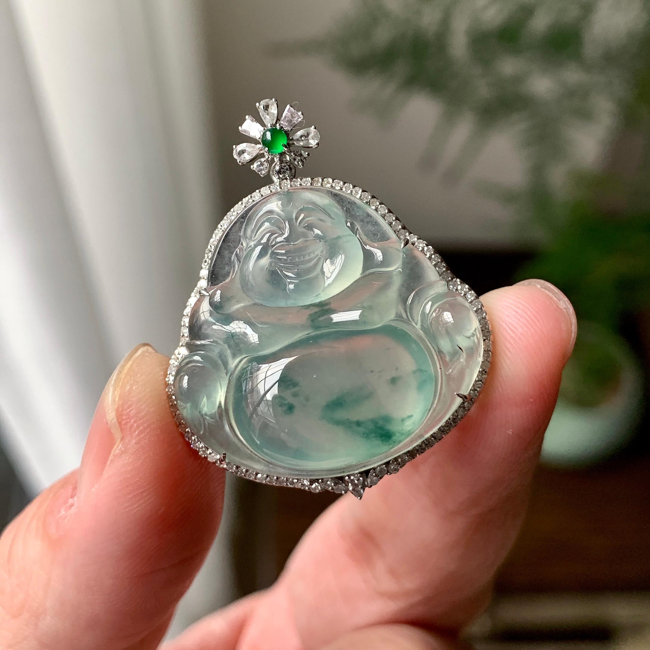 18K金钻镶糯冰种飘花佛公吊坠（yc261152）