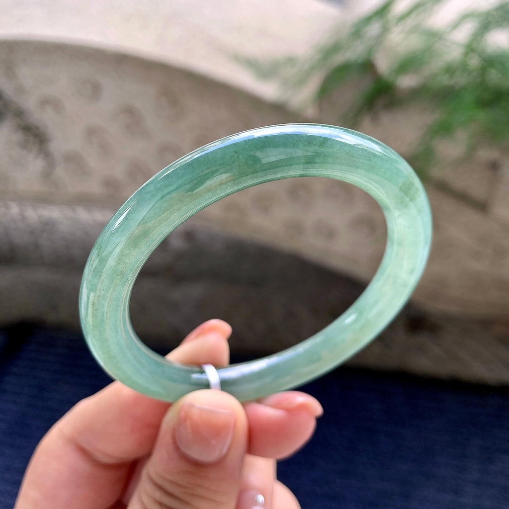 糯冰种蓝水圆条手镯 53圈口 天然缅甸A货翡翠（yc483938）