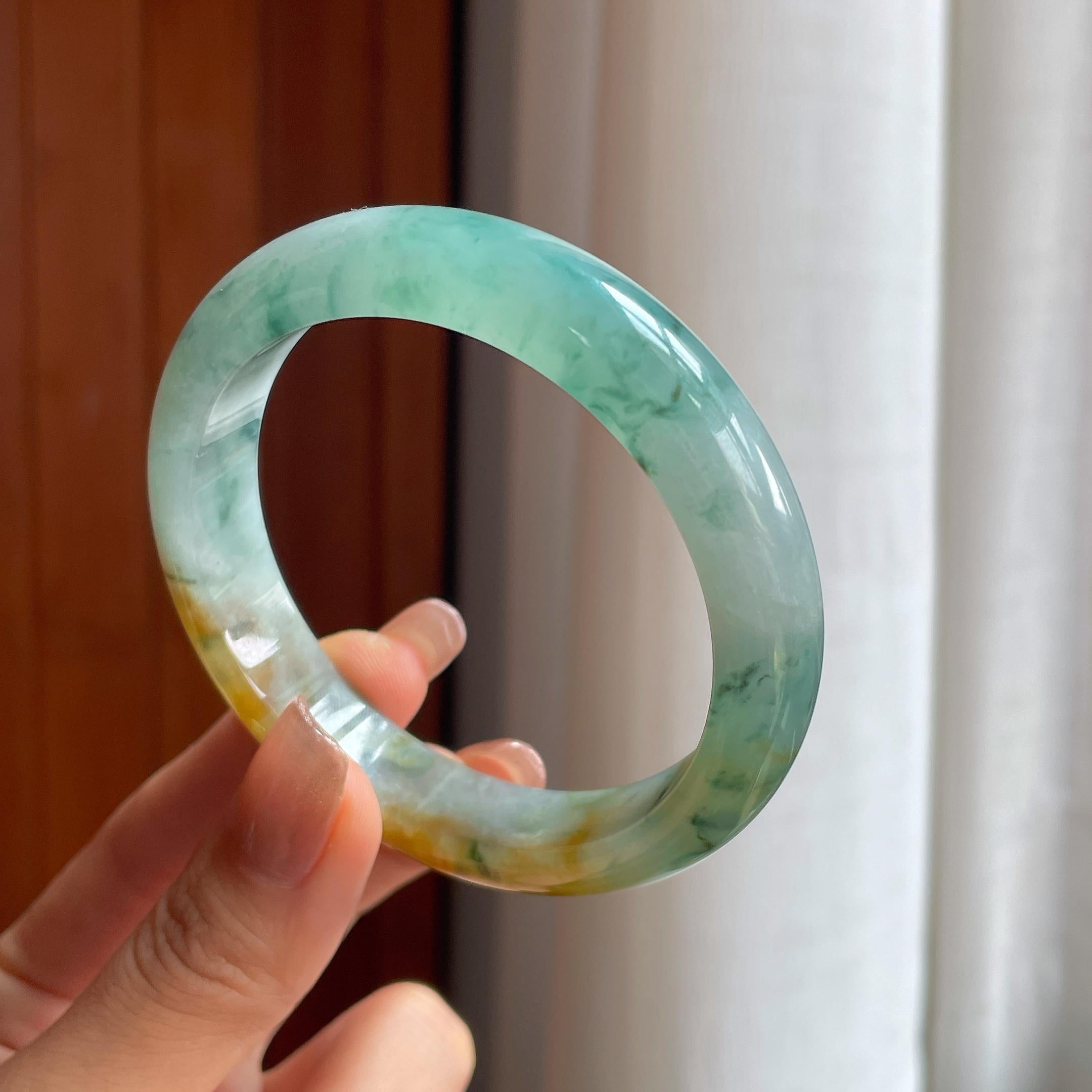 糯冰黄翡飘花特色翡翠平安镯（58mm）（yc363435）