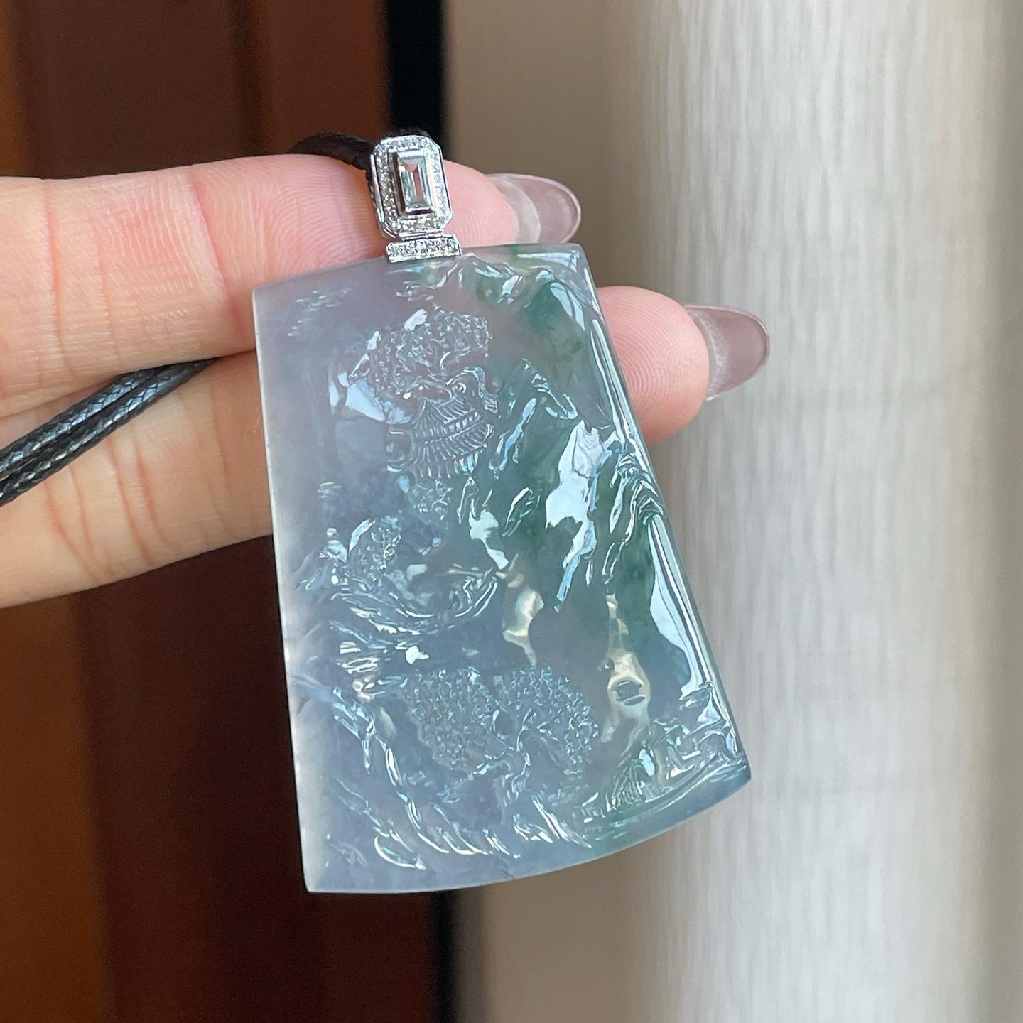 18k金钻镶糯冰飘花翡翠山水牌（yc290014）