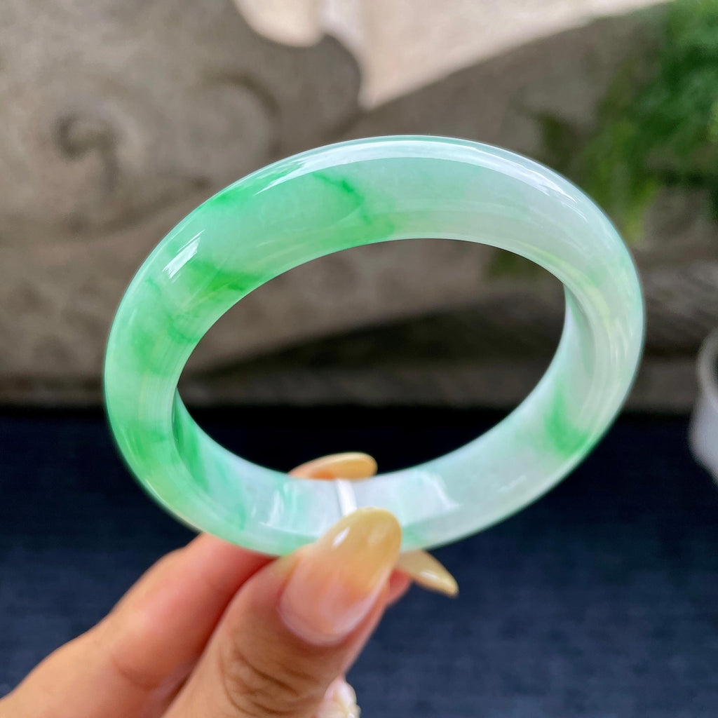 小圈口 细糯种飘绿花正圈平安镯53.9圈 天然缅甸A货翡翠（yc489321）