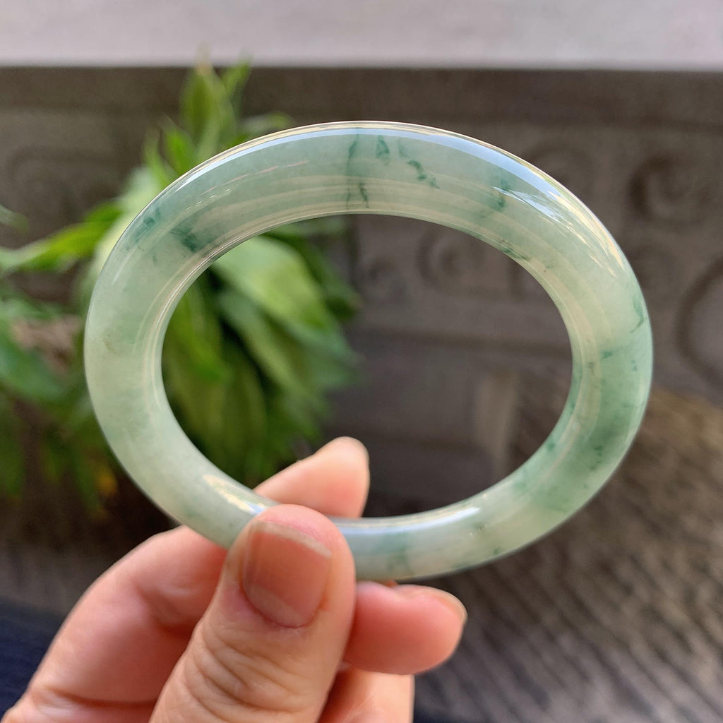 小圈口 细糯种飘绿花圆条手镯53圈口 天然缅甸A货翡翠（yc330300）