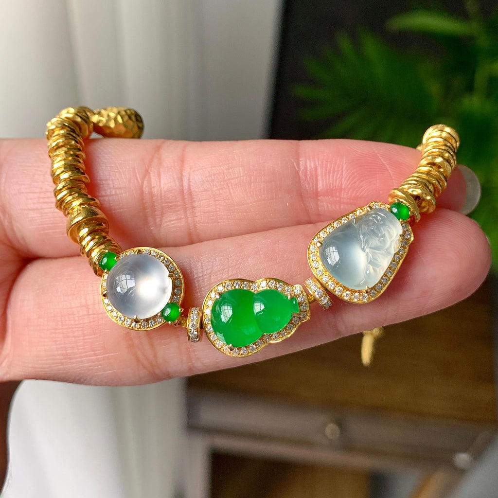 18K金钻+黄金镶糯冰种多彩盘缠手链（yc224991）