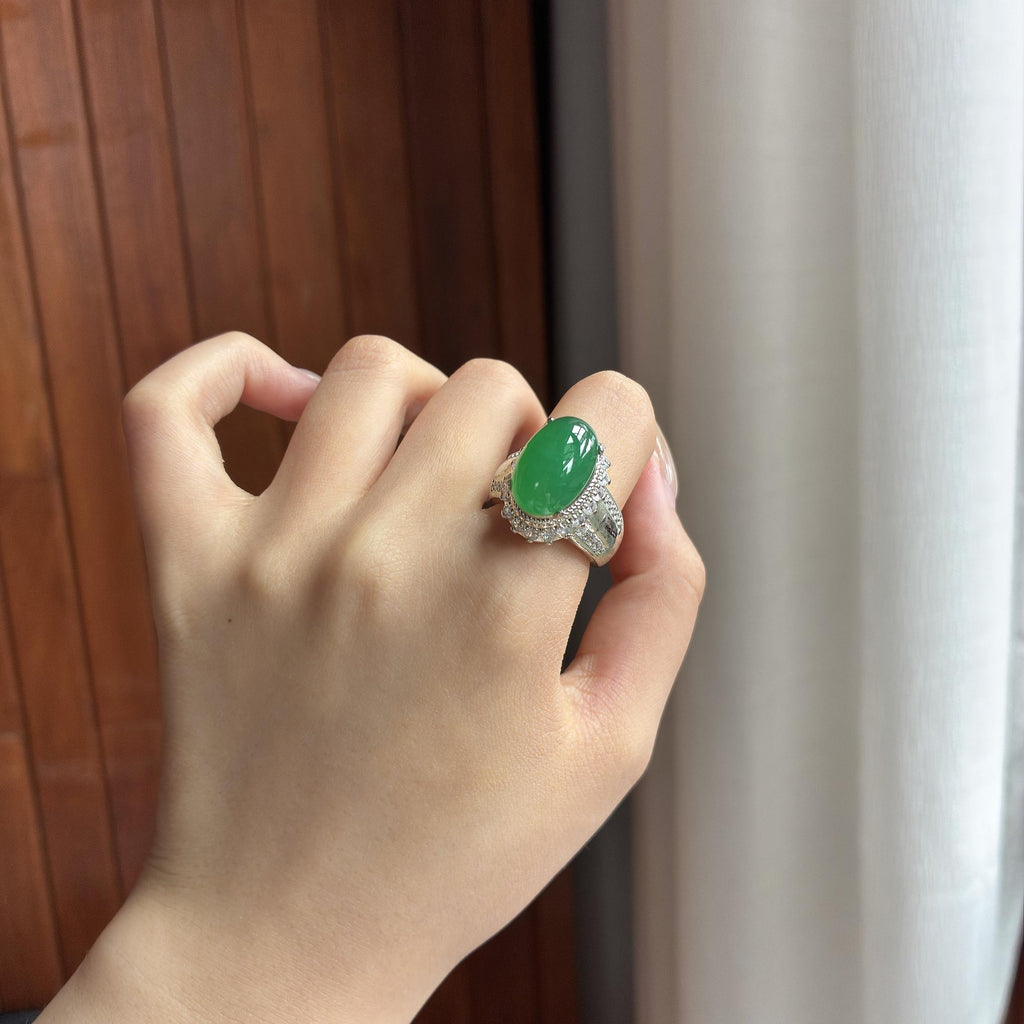 铜托冰种满绿蛋面 天然缅甸A货翡翠（yc459956）