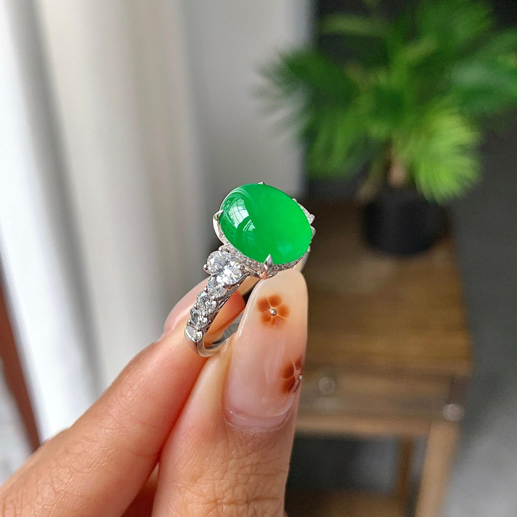 18k金钻镶冰种满绿蛋面戒指（两用款）（yc257225）