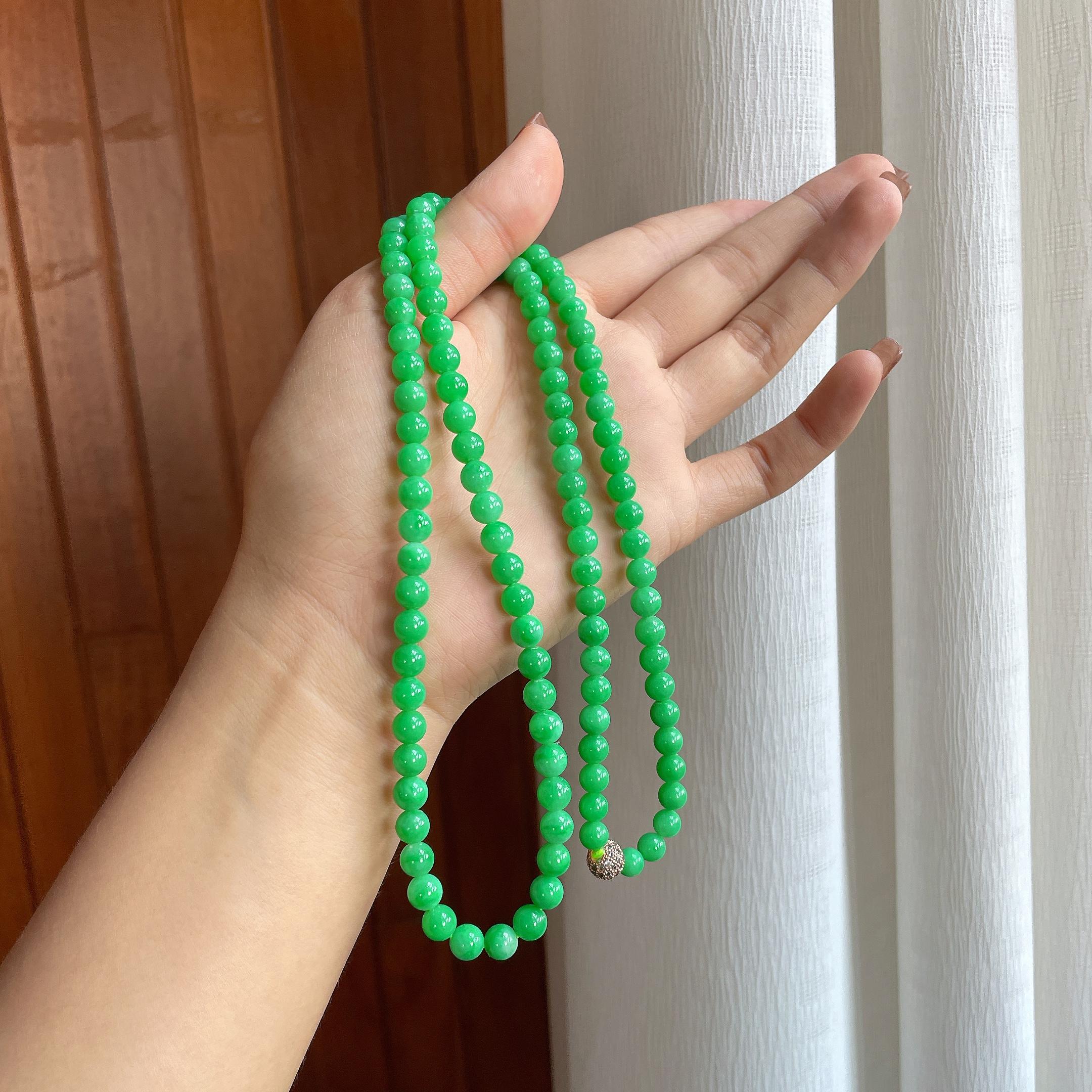 糯冰阳绿翡翠珠串项链（yc363636）