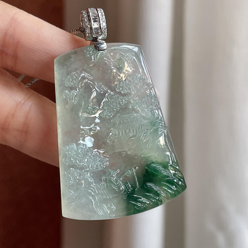 18k金扣头冰种雪花棉飘花山水牌（yc728031）