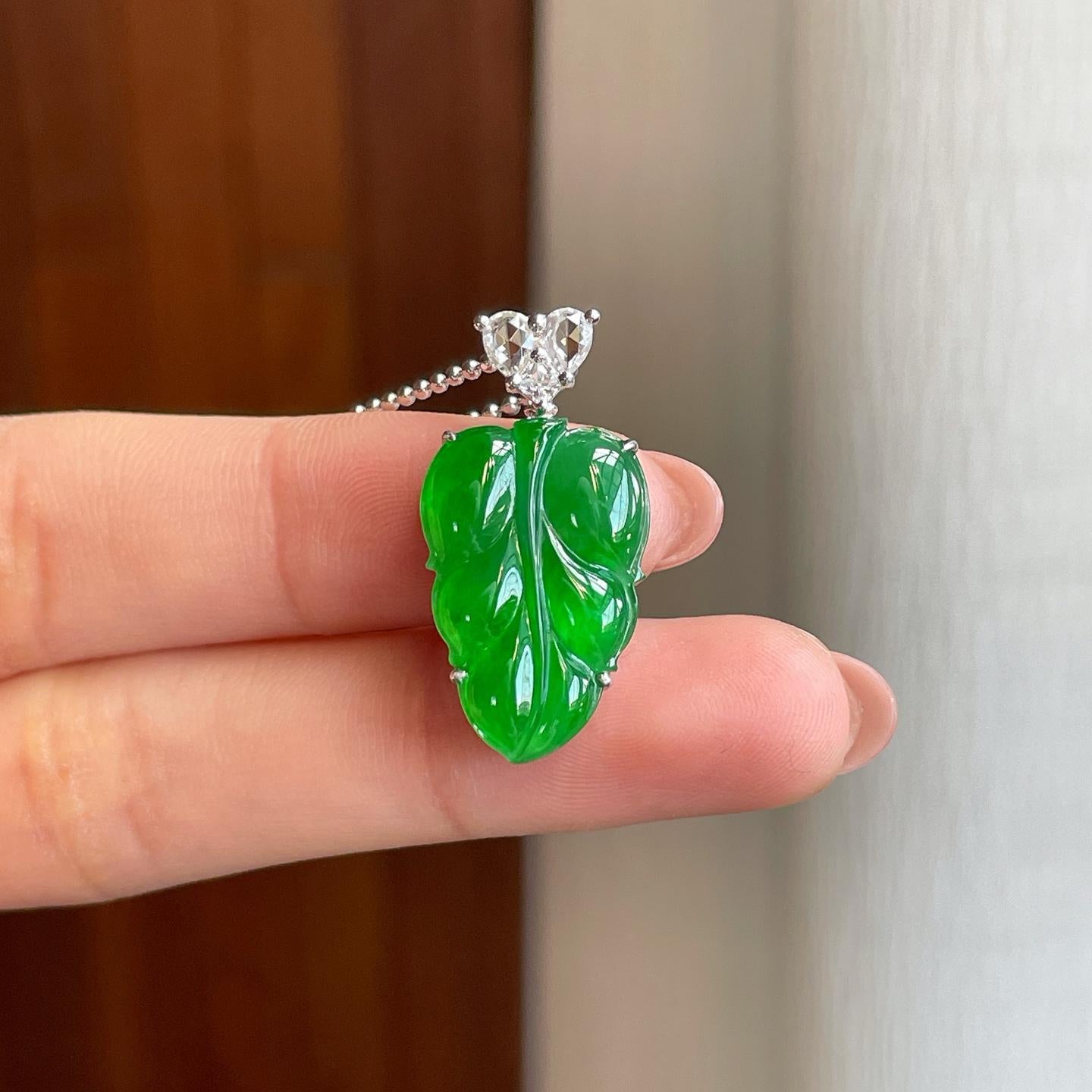 18k 金钻镶冰种满绿翡翠叶子（yc323686）