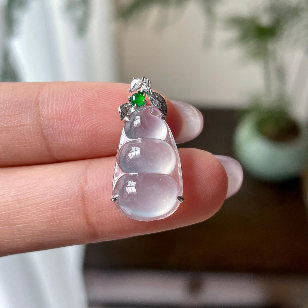 雪花棉 18k金钻镶冰种无色福豆吊坠  天然缅甸A货翡翠（yc313333）