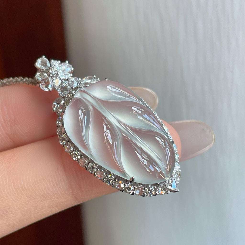 18k金钻镶冰玻种无色翡翠叶子（yc270321）