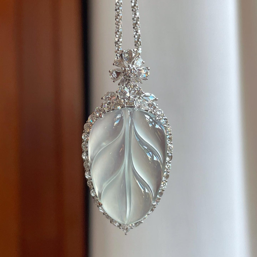 18k金钻镶冰玻种无色翡翠叶子（yc270321）