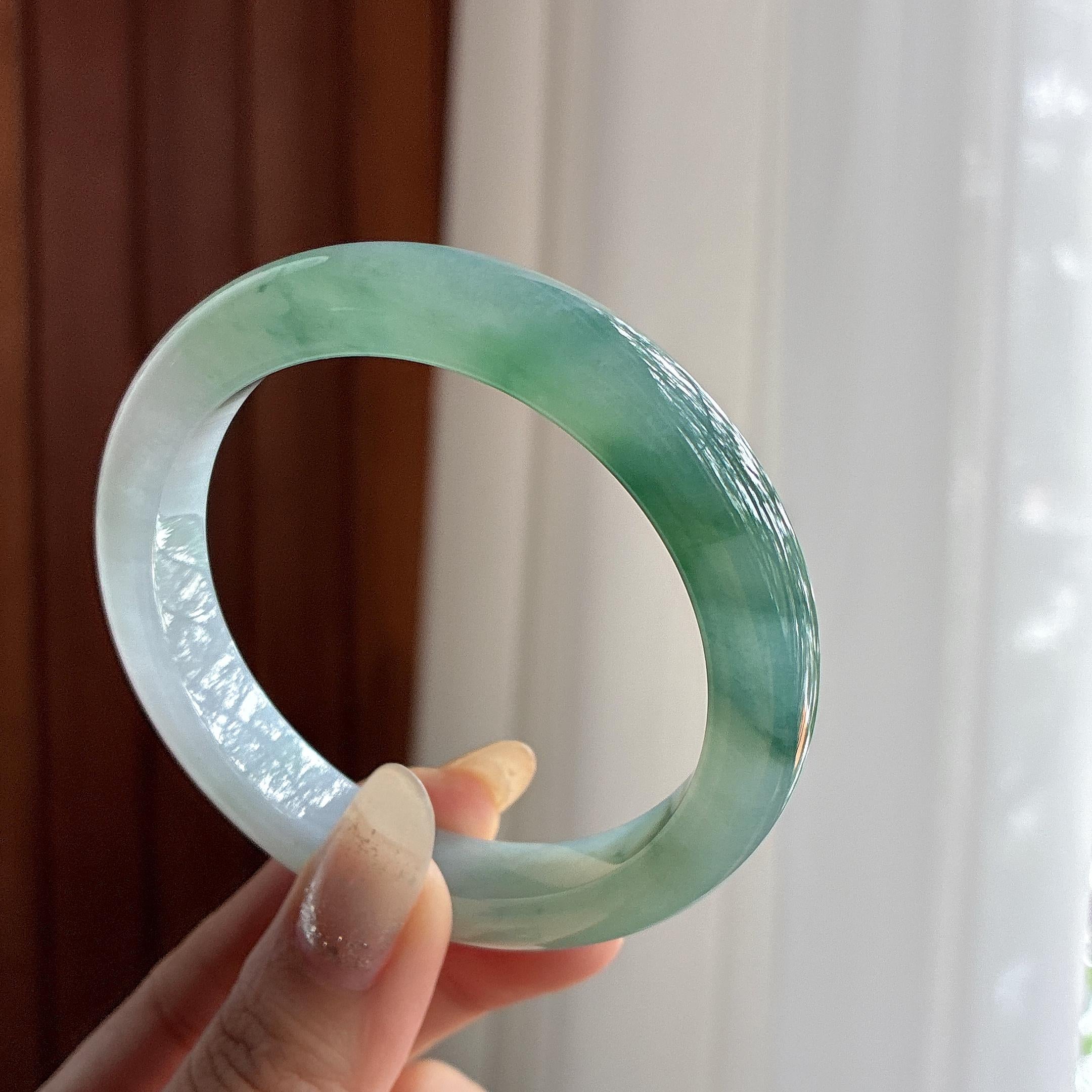 糯冰半山水飘花正圈平安镯 58圈 天然缅甸A货翡翠（yc496033）