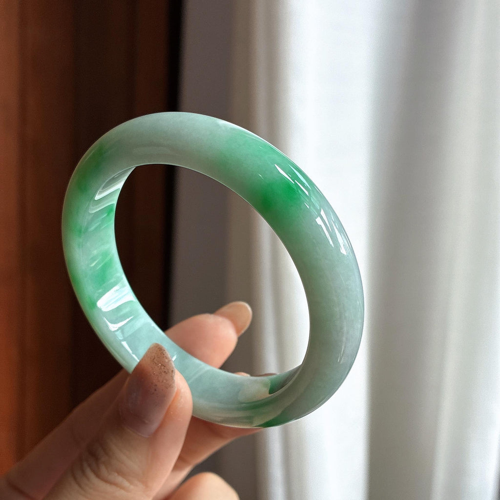 糯冰带色正圈平安镯 54圈 天然缅甸A货翡翠（yc459979）