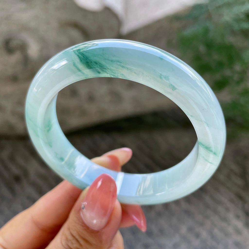 小圈口      糯冰种飘花正圈平安镯53圈       天然缅甸A货翡翠（yc431599）
