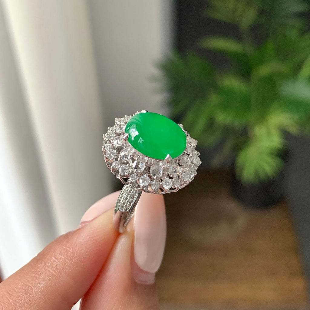 18k金钻镶糯冰种满绿蛋面戒指/手链（两用款）（yc231038）