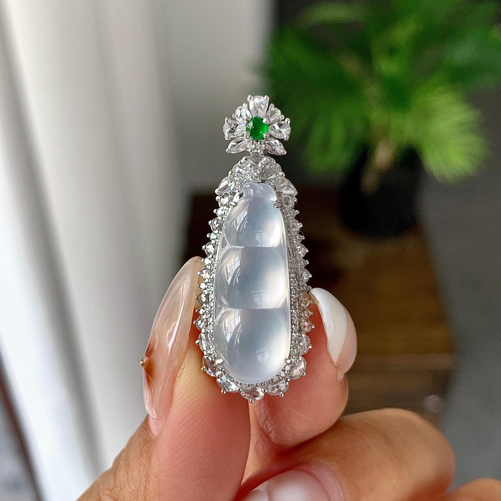 18k金钻镶高冰种无色福豆吊坠（yc255619）