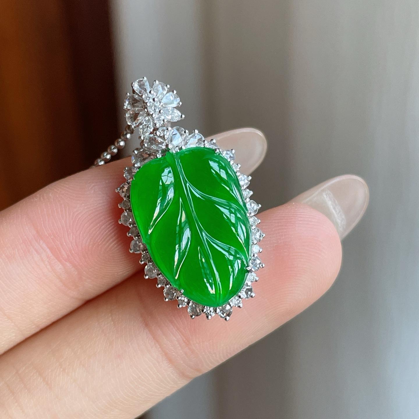 18k金镶冰种满绿翡翠叶子（yc246210）