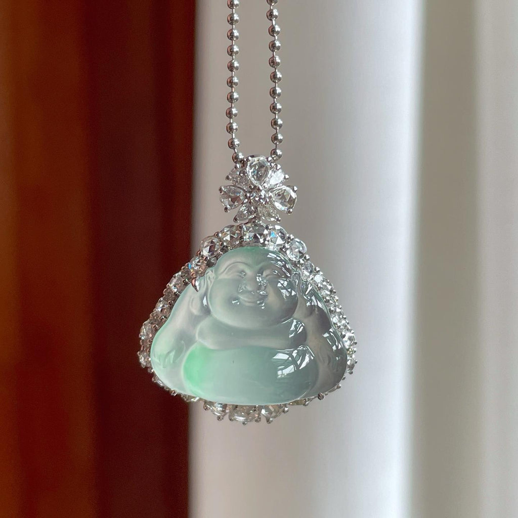 18k金钻镶冰玻种飘花翡翠佛公（yc263553）