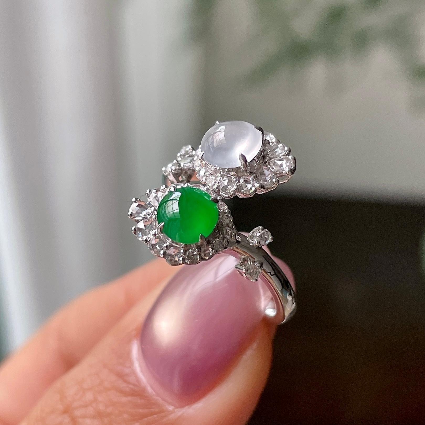 18k金钻镶冰种多彩蛋面戒指   天然缅甸A货翡翠（yc319064）