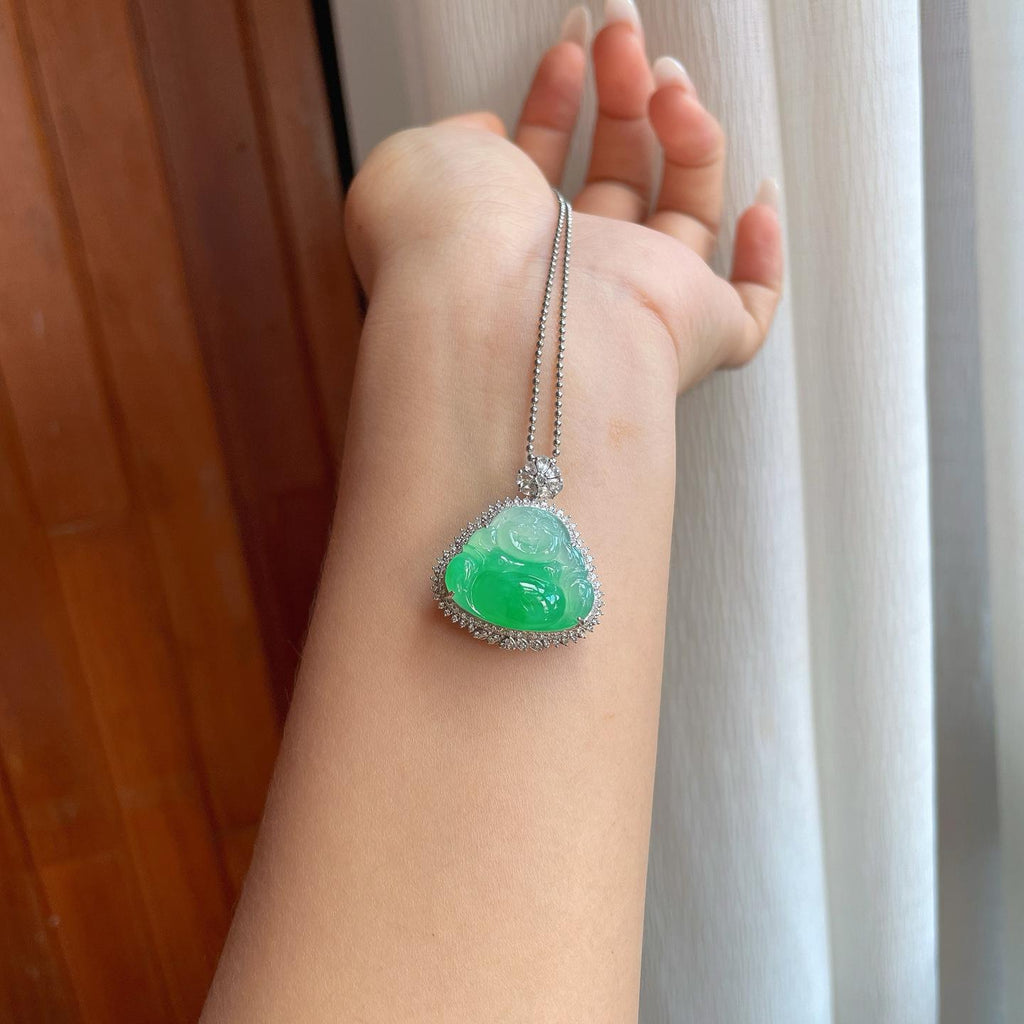 18k金钻镶糯冰带色翡翠佛公（yc257847）