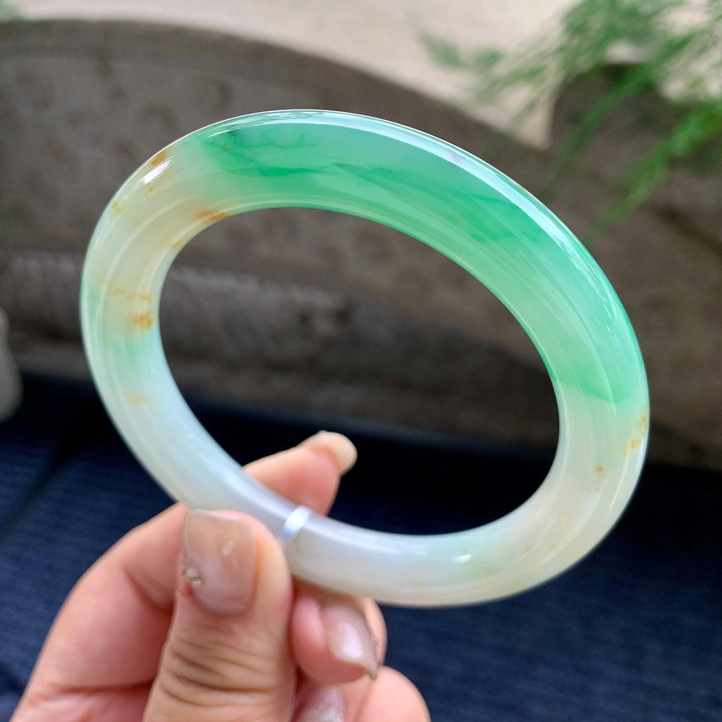 大圈口 糯冰种翠绿飘花洒金圆条手镯 59圈口 天然缅甸A货翡翠（yc464046）