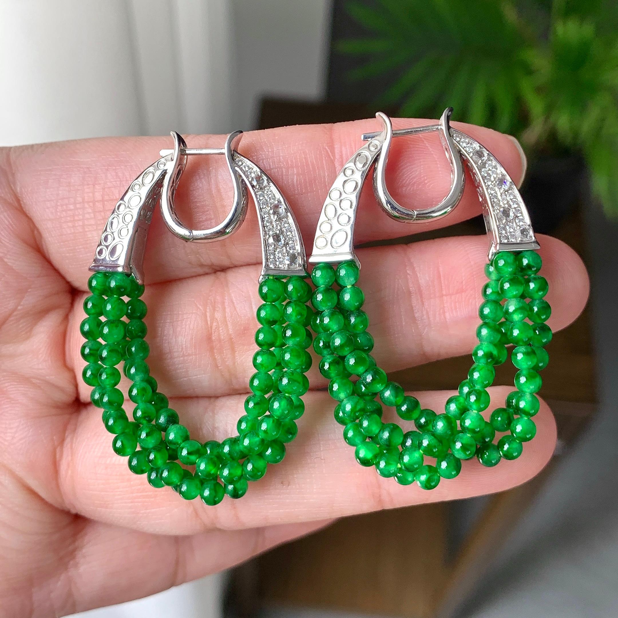 18K金钻镶糯冰种满绿小米珠耳坠（yc248205）