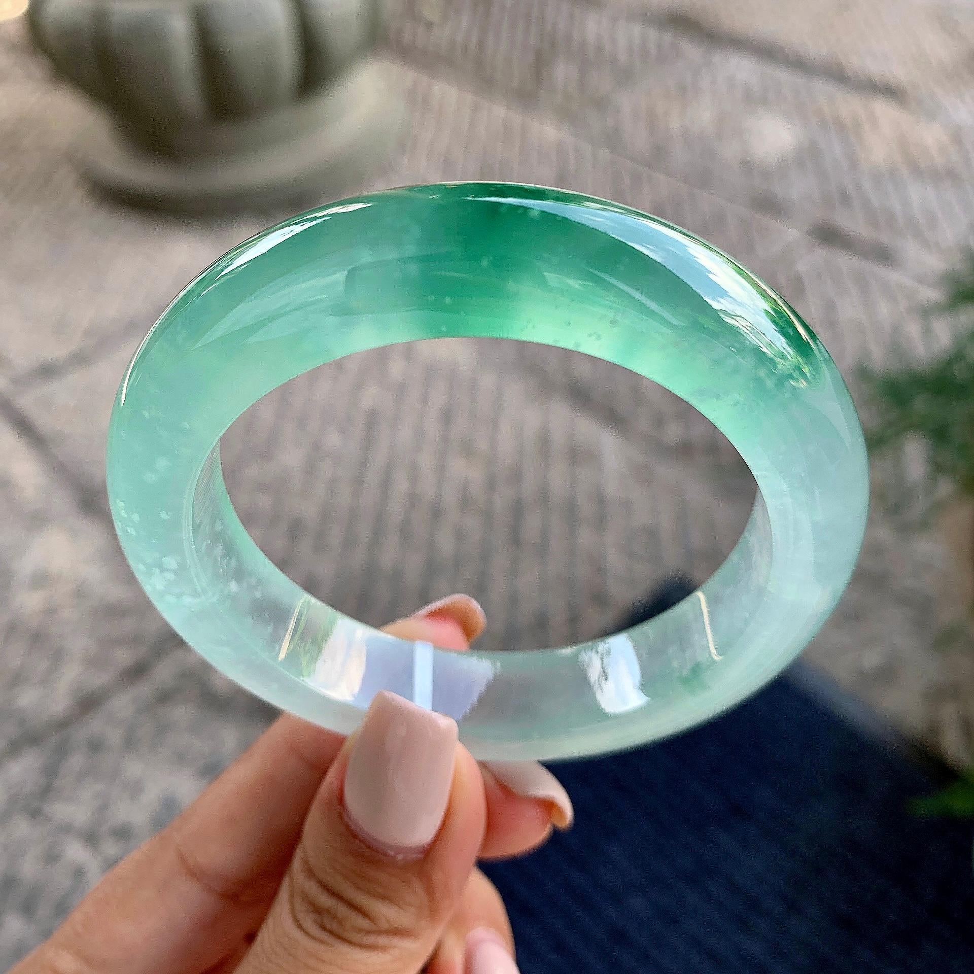 高冰种飘绿雪花棉平安镯/镯心（55.4mm）（yc226153）