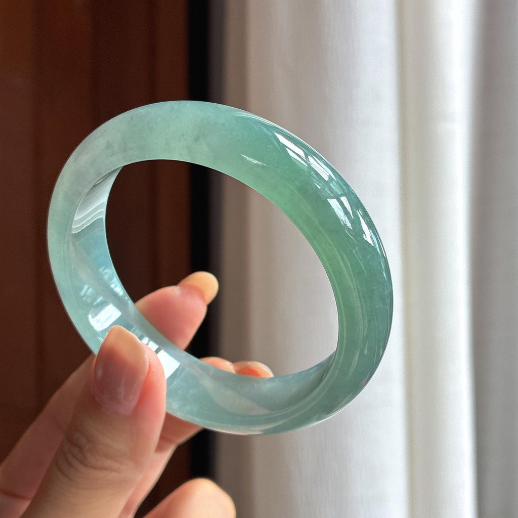 冰种湖水蓝宽版翡翠平安镯（57.8mm）（yc420191）