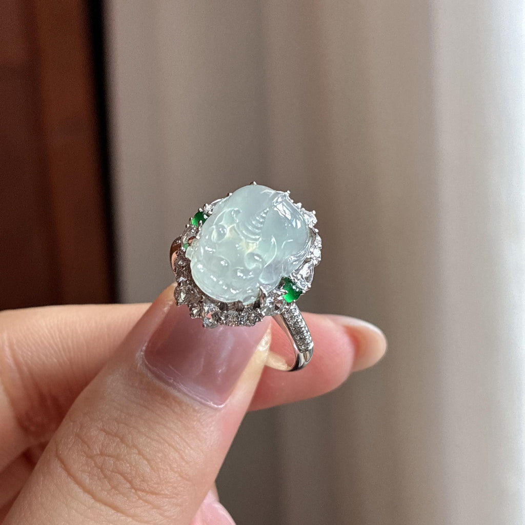 18k金镶冰种淡底色貔貅戒指 天然缅甸A货翡翠（yc525495）