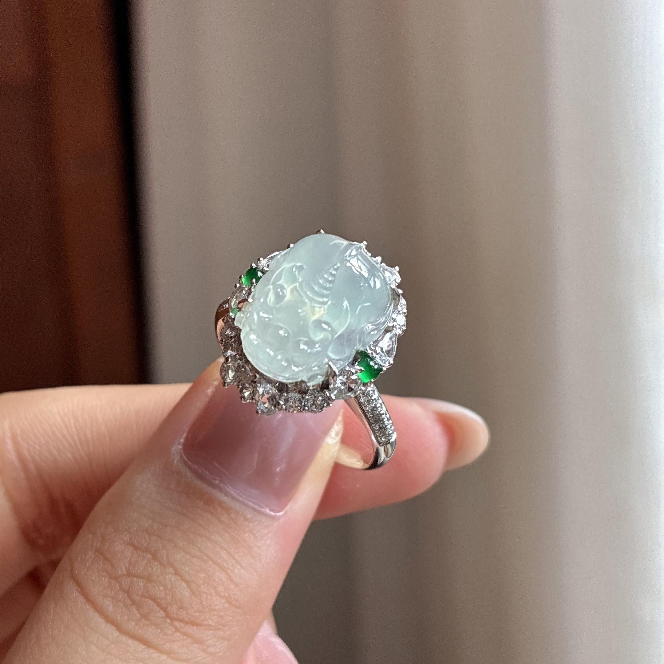 18k金镶冰种淡底色貔貅戒指 天然缅甸A货翡翠（yc525495）